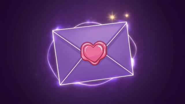 A beautiful illustration of a purple envelope sealed with a pink heart wax seal, glowing with ethereal light and sparkles, symbolizing love and communication