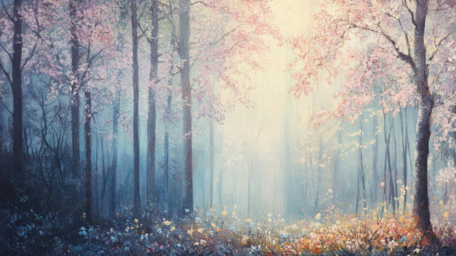 Watercolor forest painting. Colorful forest illustration with blooming trees and flowers in the ground.