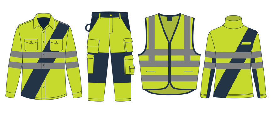 Athletic league inspired industrial safety workwear collection, neon lime and navy blue reflective uniform set with cargo pants, utility vest, and long-sleeve work shirt, clean modern vector design fo
