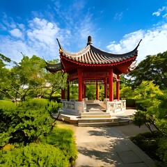 Fototapeta premium Ornate red pavilion in a lush green garden