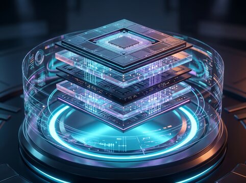 Futuristic 3d stacked microchip processor with glowing digital interface