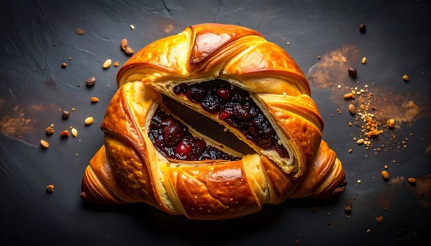 Golden-brown baked pastry with a glistening fruit filling, possibly cherry or berry, arranged on a dark textured surface with scattered crumbs and nuts, appetizing dessert food photography