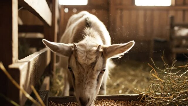 Cute goat enjoys a snack in a rustic barn with hay and sunlight, animal livestock eating feed