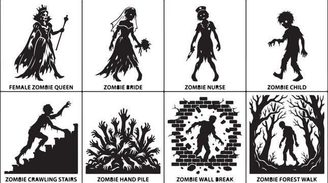Zombie icons, black silhouette set, 8 creepy characters, commercial illustrations