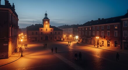 Obraz premium Historic European Town Square at Blue Hour with Illuminated Clock Tower