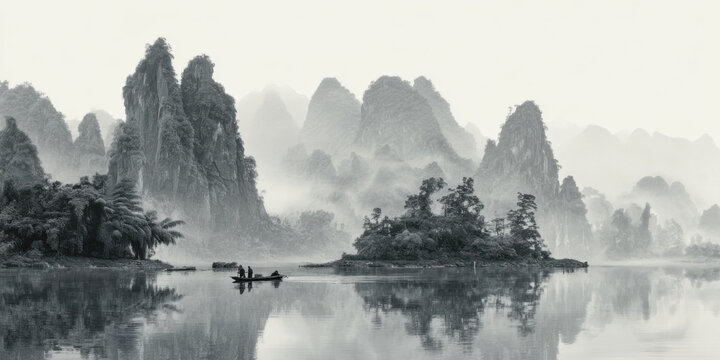 Tranquil misty mountains and river landscape in traditional chinese ink wash painting style