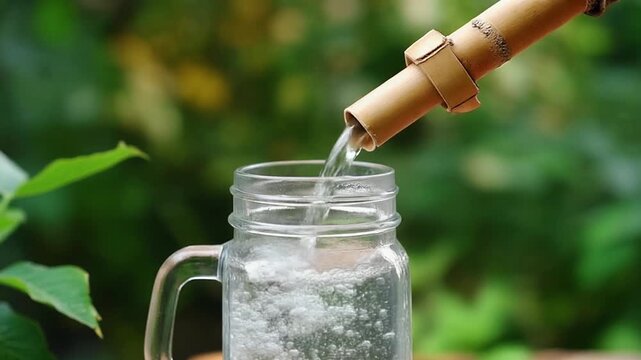 Refreshing water being poured from a bamboo hose into a glass jar on a sunny day with green foliage in the background