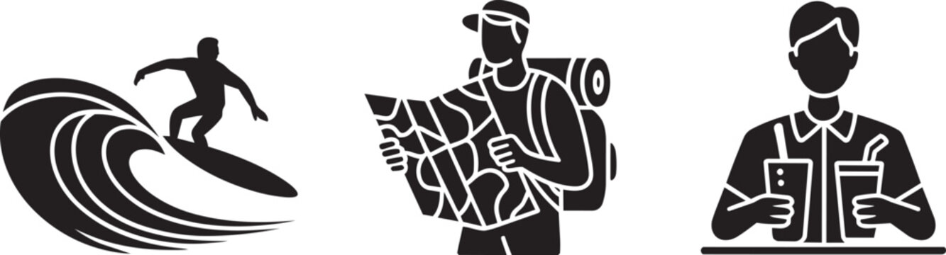 Modern adventure vacation and leisure activity icons set featuring a surfer traveler and cafe scenes