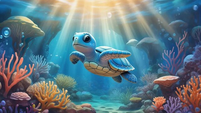 Underwater scene with a cute baby sea turtle swimming among coral reefs