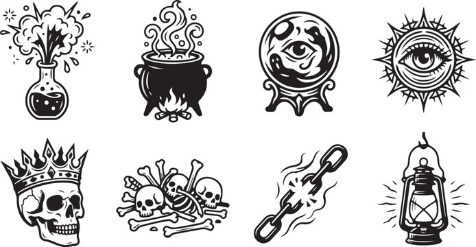 Black magic, witchcraft icons, mystical symbols, 8 vector illustrations