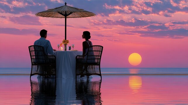 Romantic Sunset Dinner: A couple enjoys an intimate dinner by the sea as the sun dips below the horizon, painting the sky in hues of pink and orange.