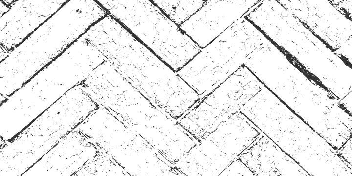 Black and white distressed herringbone brick paving pattern grunge texture backdrop for architectural template vector illustration.