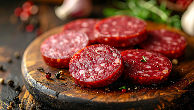 Round slices of beef sausage on rustic wooden board, rich red color, glossy surface, peppercorns and herbs around, appetizing tasty snack