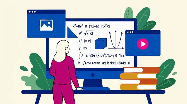 Digital education and online learning with mathematical equations on computer screen