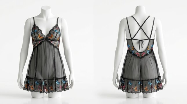 Elegant Black Lace Babydoll Lingerie with Vibrant Floral Embroidery on Mannequin Display, Showcasing Front and Back Views