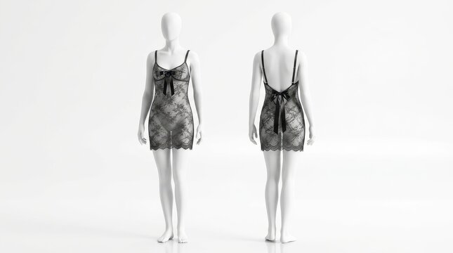 Elegant black lace nightgown displayed on a female mannequin, presenting luxurious sleepwear and delicate lingerie from multiple perspectives