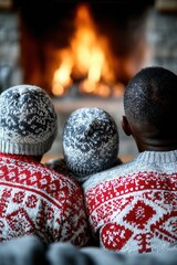 Fototapeta premium Three people in matching red/white sweaters and knit hats sit close, facing a glowing fireplace. Tight shot on shoulders/heads fire softly blurred behind. Warm light from flames bathes clothing/skin.