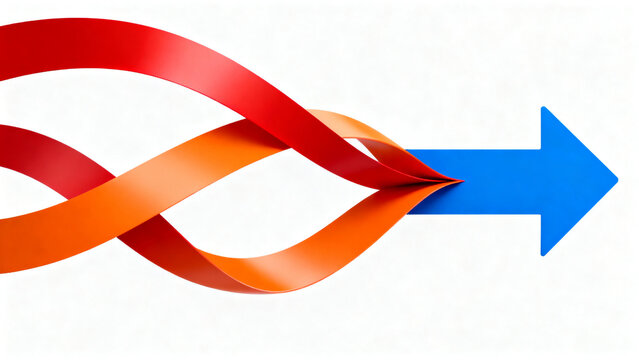 Dynamic minimalist graphic illustrating multiple interwoven lines merging into a singular blue arrow, symbolizing focused business strategy and collective forward progress
