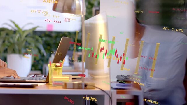 Woman typing and checking at desk as floating candlestick charts APY ACCT IDs overlaying for trades