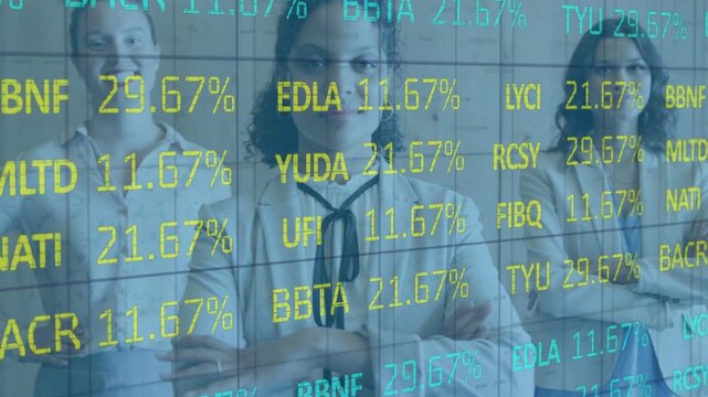 Team of three women presenting finance, glass tickers appearing across faces, central gesturing