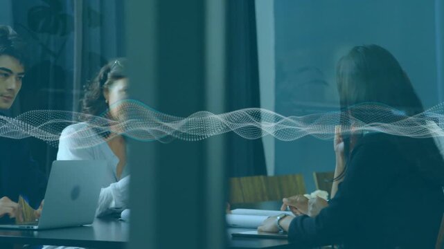 Business team reviewing papers, colleague pointing, initiating agreement, waveform overlaying glass