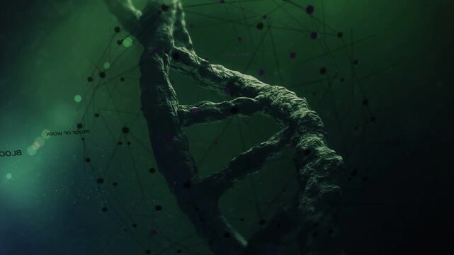 Double helix rotating while camera moving and tilting showing rough rungs, node network for data