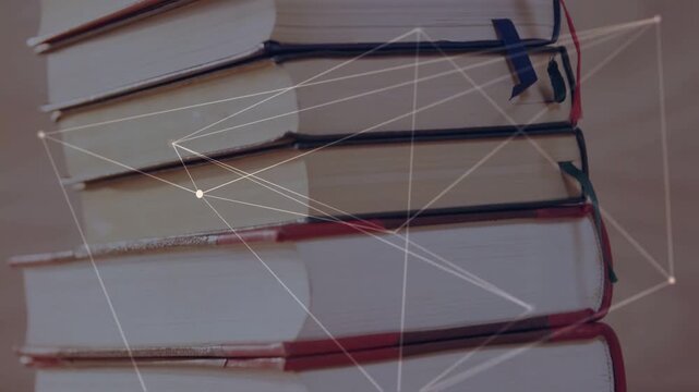Network overlay appearing as camera lifting connecting nodes across book stack linking concepts