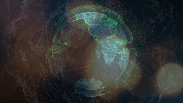 Light pulse starting holo globe rotating clockwise, bokeh drifting, mesh pulsing showing global net