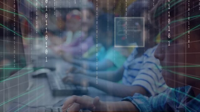 Foreground child typing on PC, wire grid appearing focusing hands while teacher guiding learning