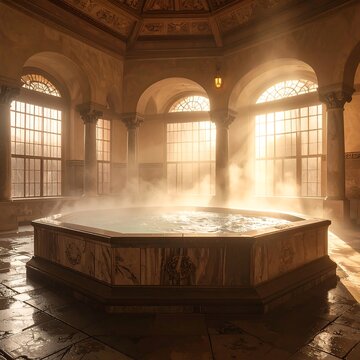 Ornate Roman bathhouse with steaming hot tub