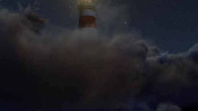 Illuminated lighthouse over fluffy clouds at starry night