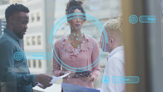 Three business teammates reviewing documents, woman tapping tablet, blue HUD growing, tracking head
