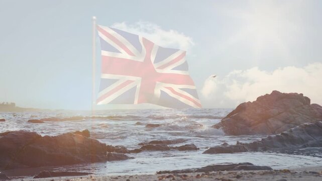 Union Jack overlay appearing then gaining opacity and waving over sea to mark national presence