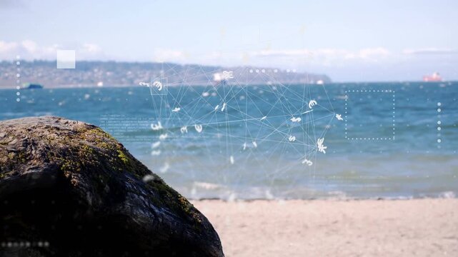 HUD overlay fading in, nodes linking and forming network over ocean while rock staying put