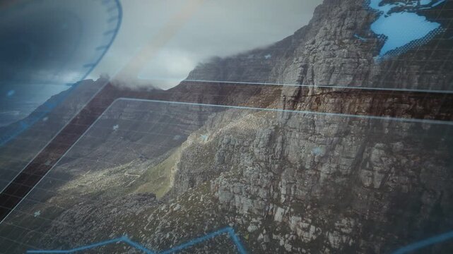 HUD overlay fading in, gauges and grid lines shifting over steep rocky cliff, visualizing terrain