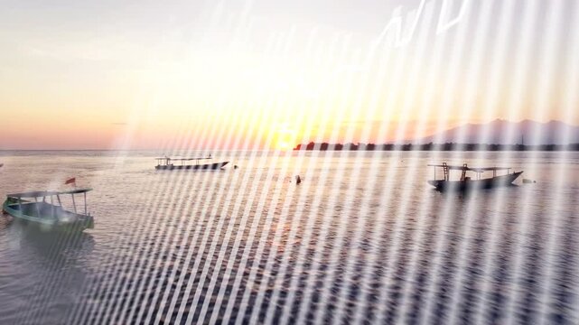 Sun climbing horizon causing glare rise, boats drifting, camera panning, diagonal stripes shifting