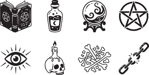 Occult, mystical symbols set, 8 black vector icons, magic and witchcraft elements, creepy illustrations © Nayeem