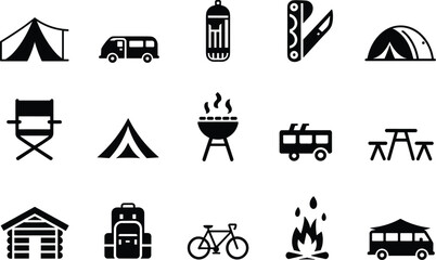 Collection of black camping and outdoor recreation on white background, tent caravan camper van gas cylinder © Bappy