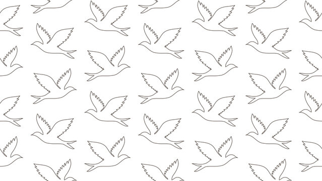 Seamless pattern featuring minimal white birds in dynamic flying poses on a transparent PNG background for fabric prints, wallpapers, stationery, and bird concepts. Seamless bird pattern background.