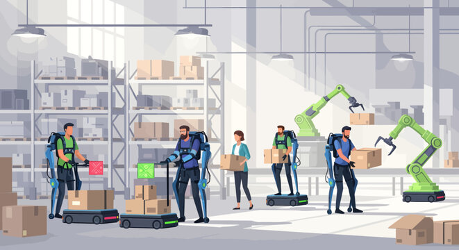 Advanced warehouse operations featuring human workers in exoskeletons, robotic arms, and autonomous vehicles for efficient modern logistics.