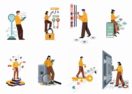 Collection of flat vector illustrations representing cybersecurity, data encryption, digital privacy, and secure access protocols in modern technology environments.