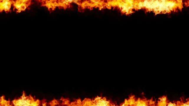 Bright orange and yellow flames burn continuously along the top and bottom edges of a black background. Endless Loop.