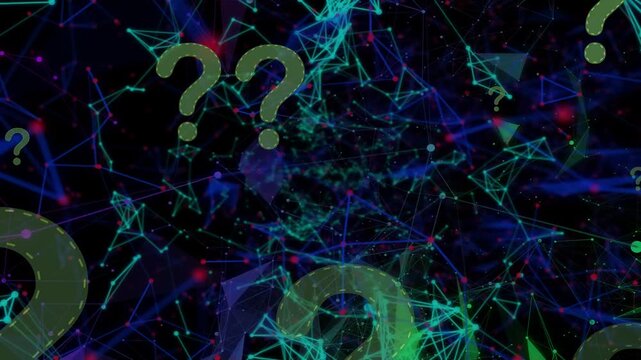 Left entry of green question mark causing layered marks drifting fading revealing node mesh