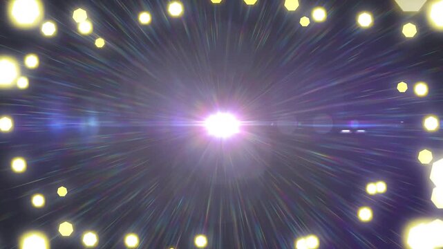 Core brightening, emitting radial shafts, cross flare forming gold hex ring showing energy burst