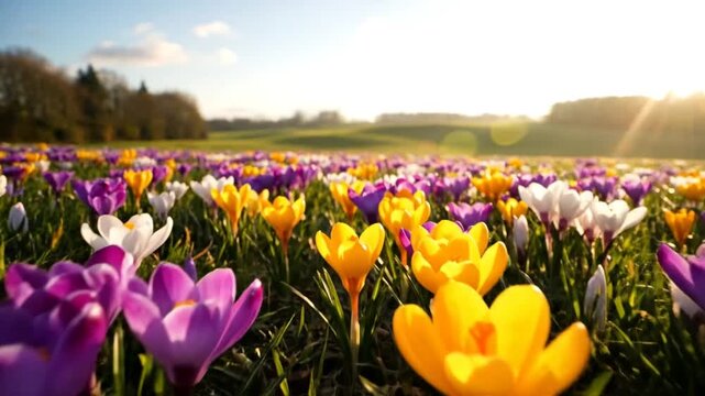 Springtime field of colorful crocuses blooming under the bright sunlight in a beautiful meadow
