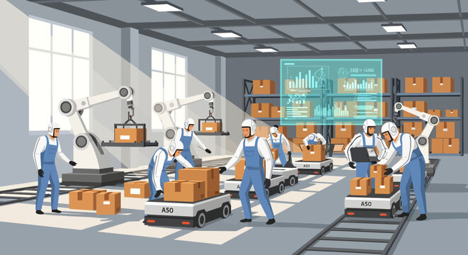 Modern warehouse with automated robots, workers, and digital interface showing logistics data