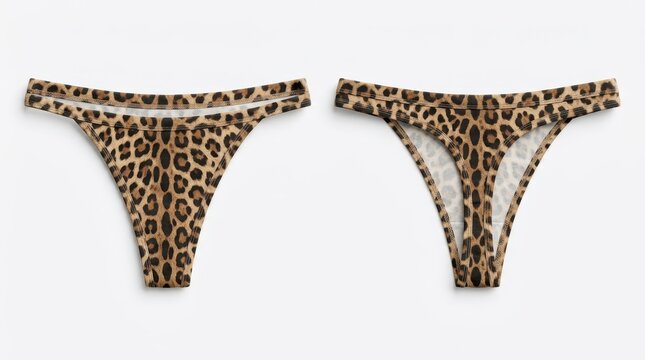 Two views of a comfortable leopard print thong underwear, front and back, showcasing the pattern and design