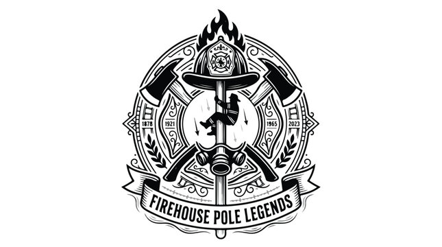 Black and white illustration of a firefighter emblem with crossed axes and a helmet, surrounded by ornate designs and a banner reading 'Firehouse Pole Legends' on a plain white background.
