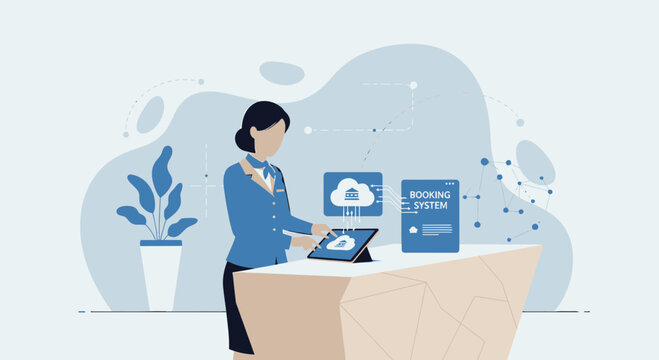 Woman using tablet for booking system, cloud technology, digital interface
