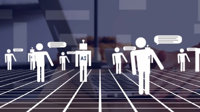 Hands typing on laptop grid, user icons walking and AI robots joining, bubbles showing interaction
